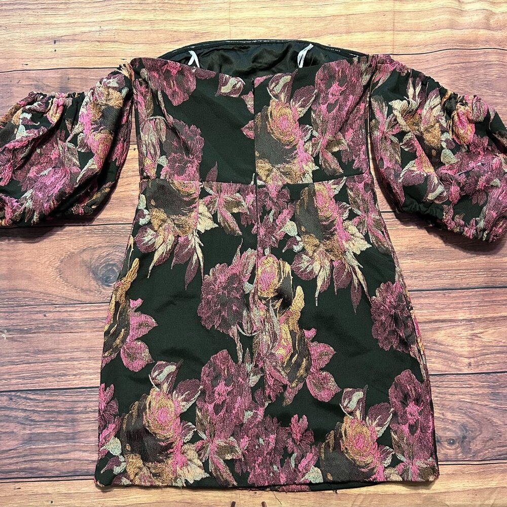Lulus Off-the-Shoulder Floral Brocade Mini Dress - Black & Pink - Size S - Picture 11 of 16